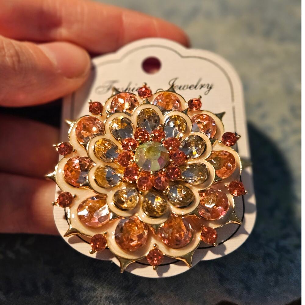 Fabulous Boutique Large Retro Shimmering Orange Yellow Rhinestone Floral Brooch